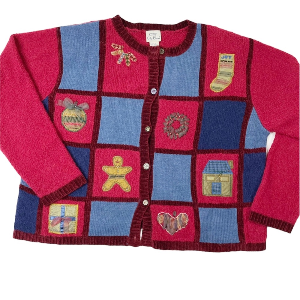 Vintage Chenille Christmas Patchwork Appliqu Card… - image 1